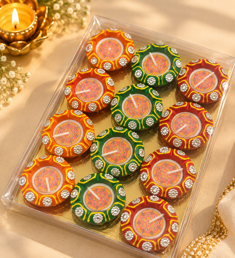Beautiful 6-Piece Diya Candle Set with colourful handcrafted design and wax candles inside, perfect for Diwali décor and gifting. Slight handmade variations may occur.