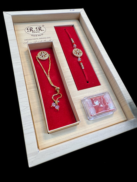 AD stone Work Bhai Bhabhi Rakhi in nice pack gift box with Mishri, Sindoor, Rice, Chandan