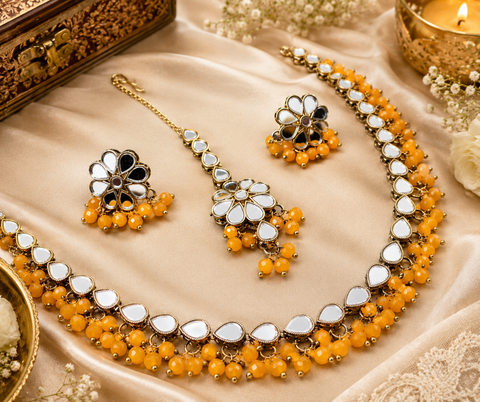 Beautiful pearls with mirrors beaded necklace with jhumka and tikka