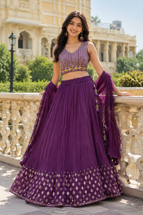 Georgette based embroidery with hand work crop top designer blouse with lehnga and Georgette dupatta