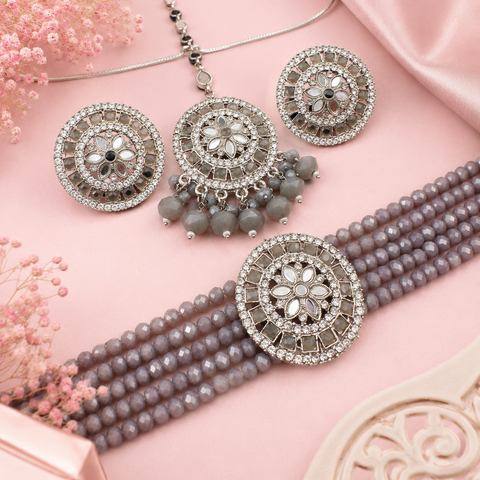 Beautiful jerkan stones and mirror work choker set with beautiful studs & Tikka