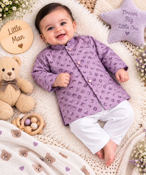 Soft Rayon chikankri sequin based Newborn Kurta Pajama Set with soft inner lining, easy front-open kurta & matching elasticated pajama for comfortable wear.Kurta L 35 cm,Chest 25 cm,Sleeve24 cm,Pajama L 33 cm.Slight variation in colour & design may occur
