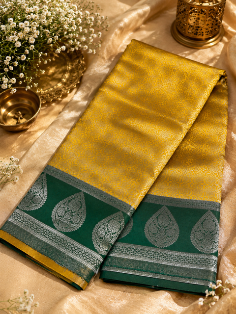 Premium South Silk Saree with rich zari weaving and contrast woven pallu. featuring elegant dual-tone shades.Model-worn blouse is for reference only. Unstitched blouse piece is attached with saree(slight variation in color & design is possible)