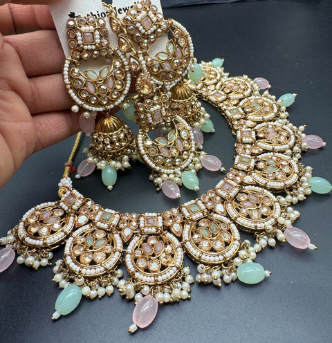 Original Polki stone with pearls beaded work beautiful necklace with jhumka and tikka set