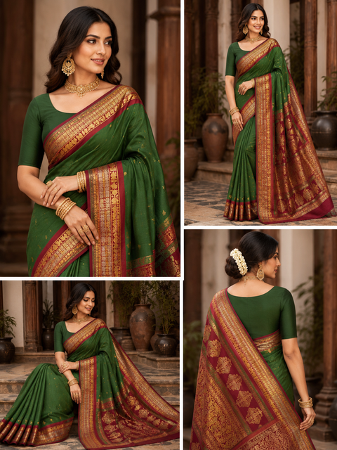 Premium Art Silk Saree Featuring Elegant Zari Weaving, Saree Comes With An Attached Blouse Piece. Model Blouse Is For Reference Only. Slight Variation In Colour And Design May Occur