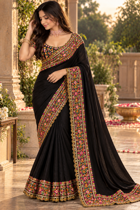 Soft Silk Blend Saree featuring a rich multicolour floral embroidered border with elegant scalloped detailing. Attached blouse piece included; model blouse is for reference only. Slight variation in colour and design is possible.