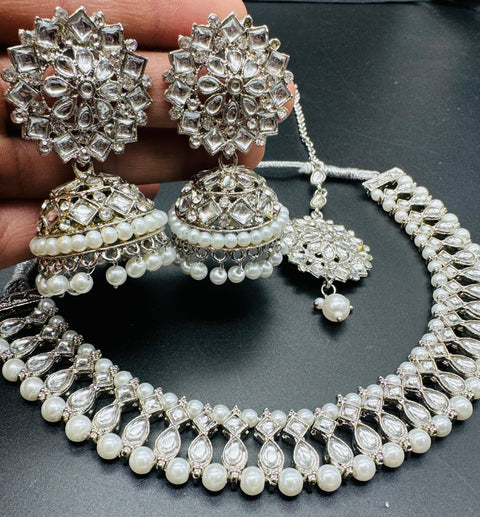 Beautiful pearls with stone beaded choker necklace with jhumka and tikka