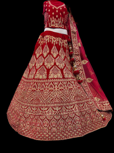 (Video clip attach)Dark Red colour velvet based lehnga with heavy handwork with stones & embroidery work fully heavy flared beautiful designer Readymade Bridal lehnga with very heavy embroidered netting dupatta (heavy latkans attached ) unstitched lehnga