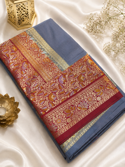 Beautiful Soft Silk Saree With Contrast Zari Border And Contrast Plain Blouse.Saree Comes With An Attached Blouse Piece. Model Blouse Is For Reference Only. Slight Variation In Colour And Design May Occur