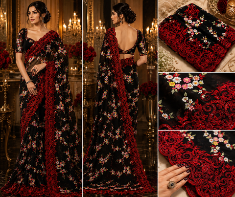 Exquisite black net saree featuring intricate floral embroidery, shimmering stone embellishments, and a richly detailed designer border for a luxurious statement look. Attached blouse fabric is included,the blouse worn by the model is for reference