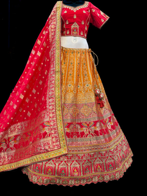 (Video clip attached)SIZE 42 (Upto 44))Mustard & Red Banarasi silk Based Beautiful hand Embroidery Work With Golden Fine Stones work heavy Ken Ken Designer semi/Bridal Lehnga With Heavy Tessels Attached To Blouse & Lehnga