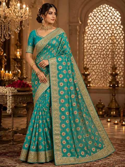 Beautiful Bridal Saree featuring intricate hand embroidery, rich gold zari work and sparkling stone embellishments. ✨Model blouse is for reference only. Blouse piece is attached with the saree. Slight variation in colour and design may occur.