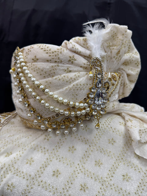 Cream colour velvet based golden printed Dulha Pagdi With dupatta set