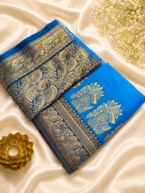 Beautiful Soft Silk Saree With Contrast Zari Border And Contrast Plain Blouse.Saree Comes With An Attached Blouse Piece. Model Blouse Is For Reference Only. Slight Variation In Colour And Design May Occur