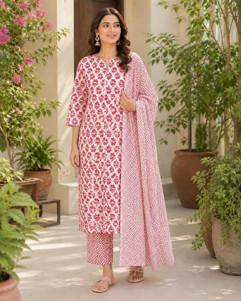 Cotton Based Printed Kurti With Plazo pants & Dupatta (slight variance in color and design is possible)