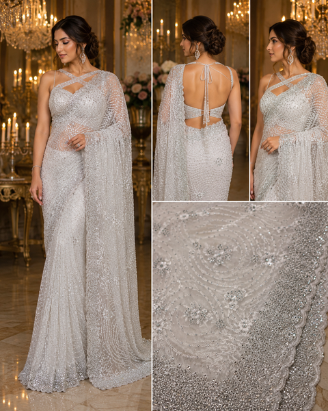 Bollywood style heavy work designer Saree with netting base fabric and stones with mirror work design all over with embroidery work (Blouse Piece Worn By Model Is For Reference Only, Blouse Piece Attached To Saree) Slight Variation In Color And Design)