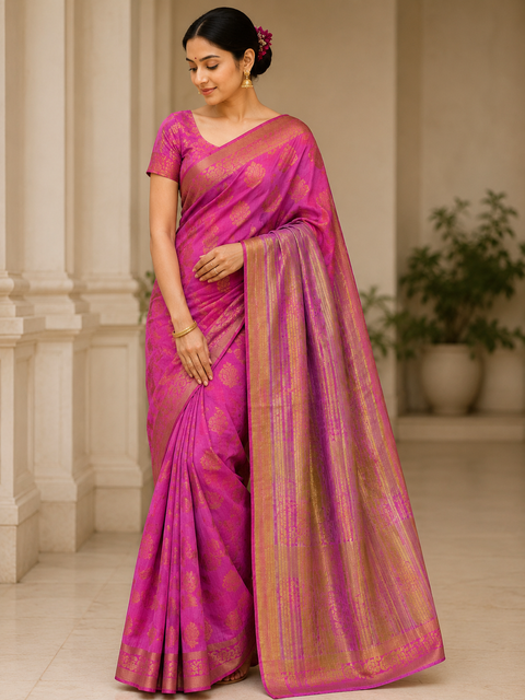 Graceful Cotton Silk Saree featuring elegant zari weaving, a rich texture, and a structured drape . Attached Blouse Piece Included. Slight Variation In Colour And Design May Occur.