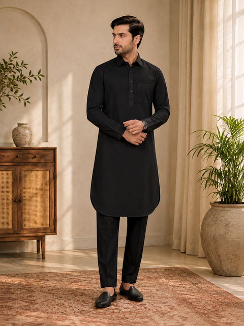 Black colour linen based kurta with pants (slight variation in color and design is possible )