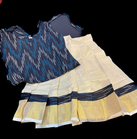 Gold Tissue based kids (Girls)Onam Special cotton blouse and Skirt set