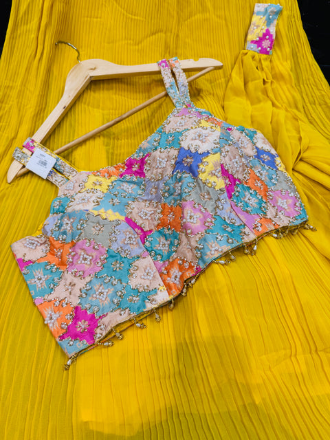 Embroidery with hand work crop top designer blouse with lehnga and Georgette dupatta