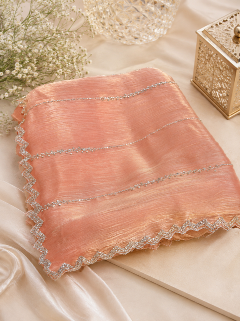 Elegant Jimmy Choo Saree featuring intricate handwork detailing and a beautifully embellished border. Comes with an attached matching blouse piece, blouse worn by the model is for reference purposes only(slight variation in color and design is possible)