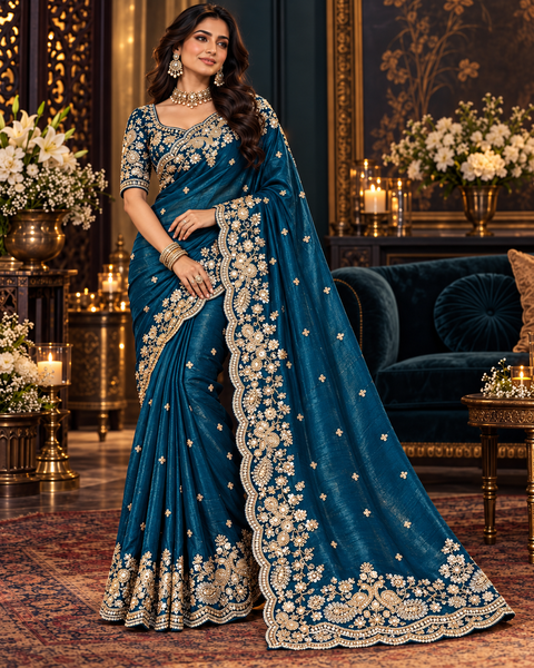 Teal Peacock Fendi Silk Saree with a beautiful natural shine, finished with a heavy floral handwork border with sequin and zari detailing and delicate motifs all over and on blouse.model blouse is for reference.Slight variation in color & design may occur