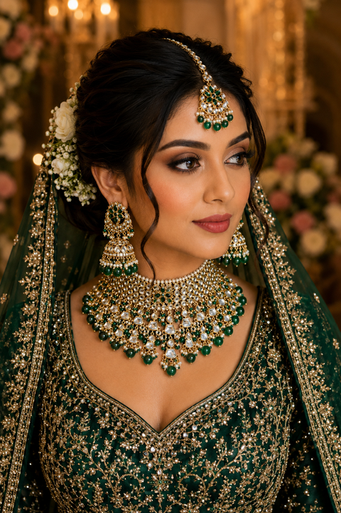 Kundan with pearls work beautiful heavy work Choker necklace with designer Jhumka Earrings and Tikka (slight variation in color and design is possible)