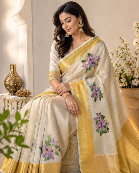 KERALA Gold Tissue SAREE WITH BEAUTIFUL FLORAL PRINT(slight variation in color & design is possible)