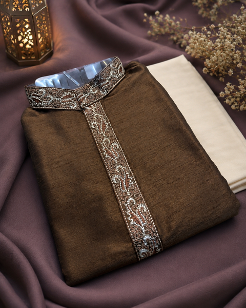 Dark brown colour raw silk kurta with pajama pants (slight variation in color and design is possible )