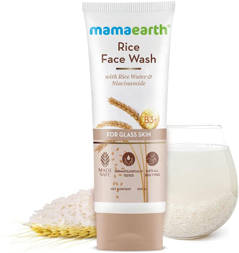 MAMAEARTH Rice Water Face Wash with Niacinamide | Gentle Exfoliating Cleanser for Radiant Skin | Hydrating Formula | All Skin Type | 3.38 Fl Oz (100ml)