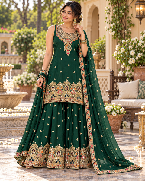 Beautiful georgette fabric outfit with full embroidery and mirror work all over the kameez. Paired with a loose circular palazzo and a matching dupatta with just a border. 
Slight variation in colour and design is possible