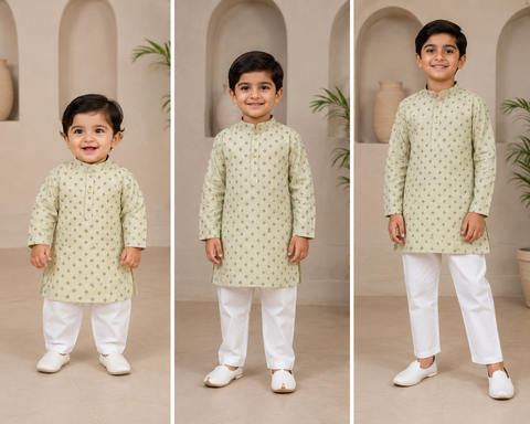 Dusky colour raw silk based kids printed kurta with white pajama pants (slight variation in color and design is possible)