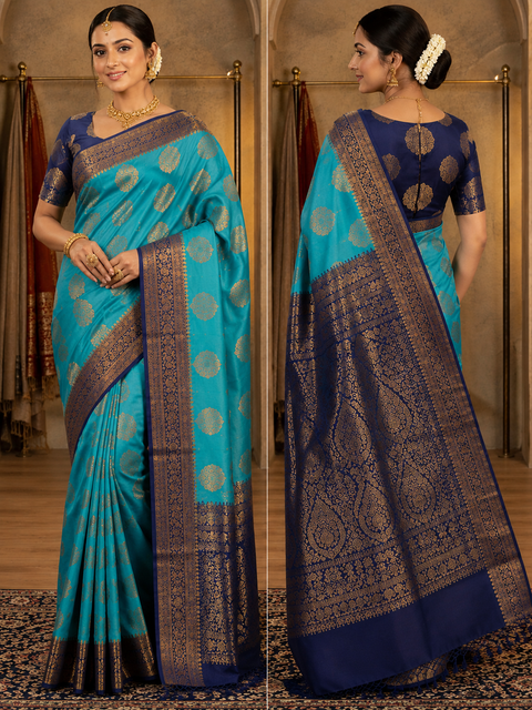 Art silk beautiful design Saree with contrast Pallu and Blouse , blouse piece is attached to Saree(slight variation in color and design is possible)