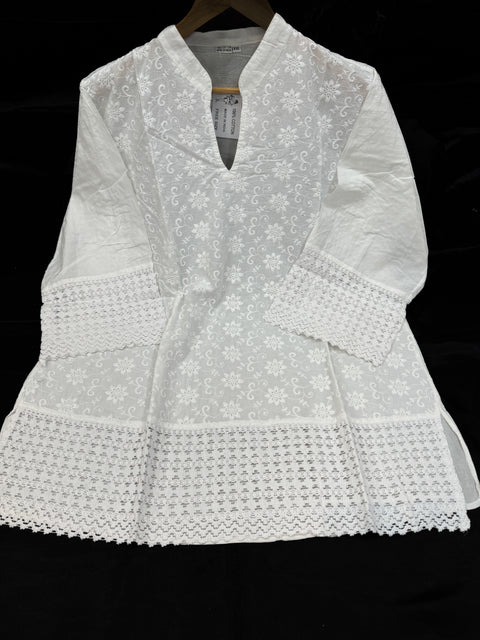 Embroidered Lucknow Chikankari White pure Cotton Short Kurti Top Tunic for Women