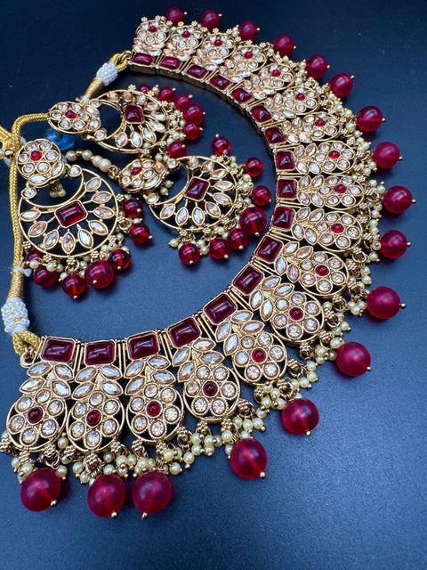 Original Polki stone with pearls beaded work beautiful necklace with jhumka and tikka set