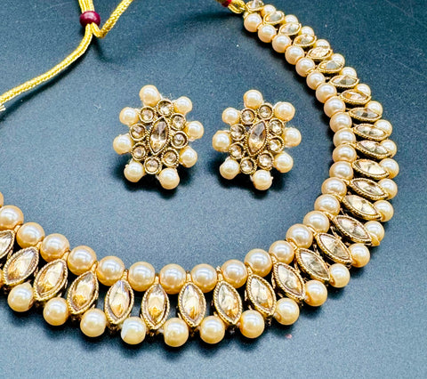 Beautiful pearls with stone beaded choker necklace with small studs
