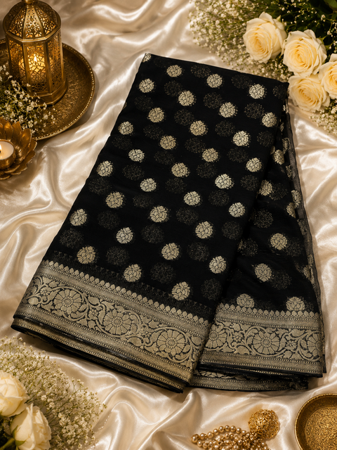 Very Soft Pure georgette chiffon based Beautiful zari work Banarasi look Saree(Blouse Shown Is For Reference Only. The Blouse Piece Is Included With The Saree As Unstitched Fabric)(slight variation in color and design is possible )
