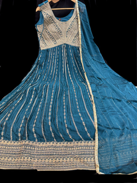 Georgette Silk Based Embroidery With Sequined Work Designer Flared Kameez /Gown And Georgettes silk Based Embroidery Work Dupatta
