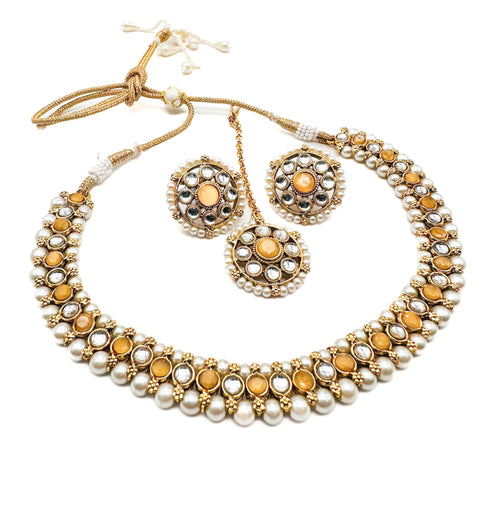 Kundan and Pearls work beautiful necklace set with Jhumka & Tikka
