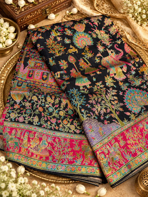 Elegant Soft Silk Saree featuring intricate Kalamkari-inspired traditional motifs and a richly detailed statement border. Beautifully soft, graceful saree.Blouse piece included. Slight variation in colour/design may occur