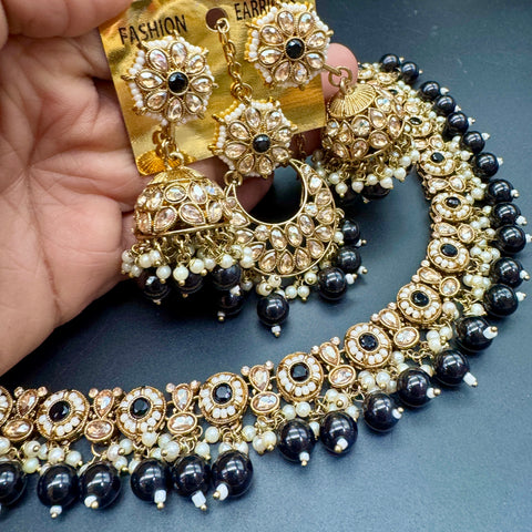 Original Polki stone with pearls beaded work beautiful necklace with jhumka and tikka set