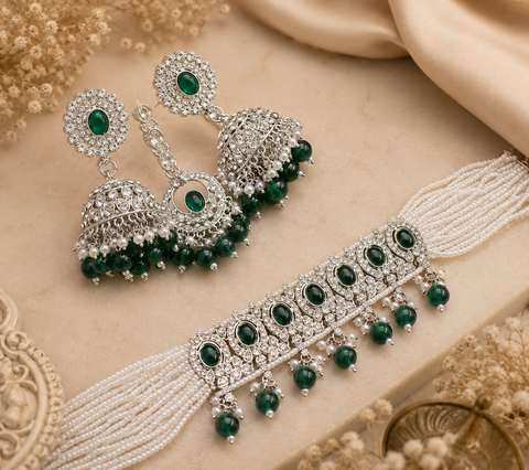 Beautiful silver jerkan stones and white pearls work classy choker set with beautiful earrings & Tikka