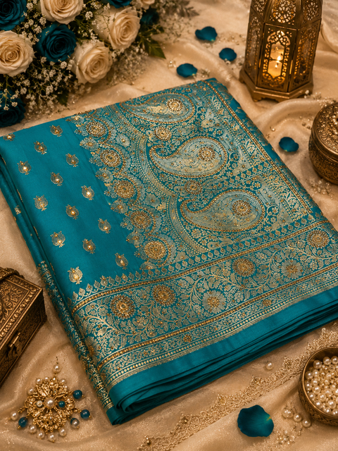 Luxurious Banarasi Silk Saree with rich zari weaving and elegant stone work on the pallu. Comes with an attached blouse piece. Model image is for reference only; slight variation in color and design may occur.