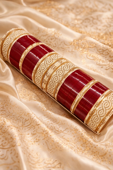 A stunning red bridal chura set featuring rich glossy bangles paired with intricately designed gold-toned kadas. Embellished with fine stone detailing and delicate patterns, this set perfectly blends traditional elegance with a modern touch
