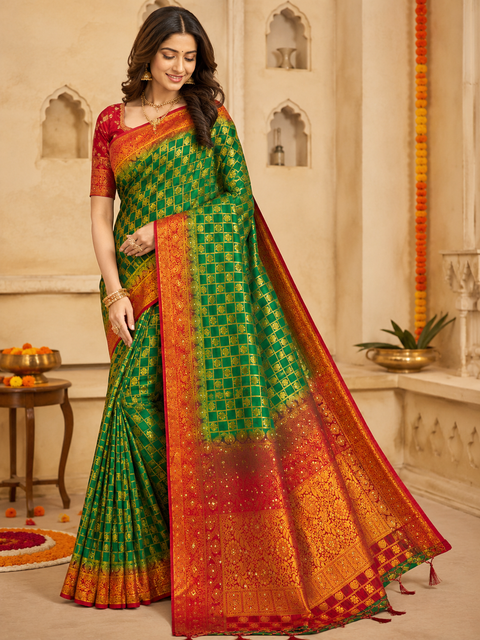 Elegant Art Silk Saree adorned with delicate zari-woven butis, a rich pallu and graceful tassel detailin,Comes with an unstitched running blouse piece attached to the saree (slight variation in color and design is possible
