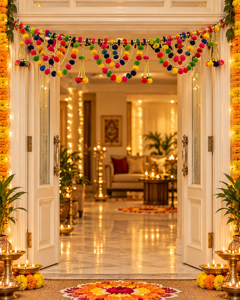 Festive Diwali Door Toran – Beautifully designed with colourful pom-poms, pearl detailing and elegant golden hanging accents. Slight variation in colour and design may occur