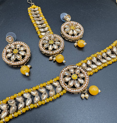 Beautiful pearls with stone beaded choker necklace with small studs and tikka