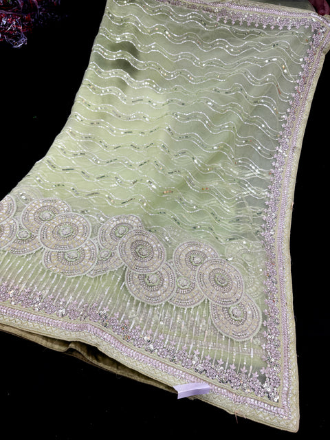 (Video Clip attached )Heavy work designer Saree with netting base fabric and stones work design all over with heavy embroidery work