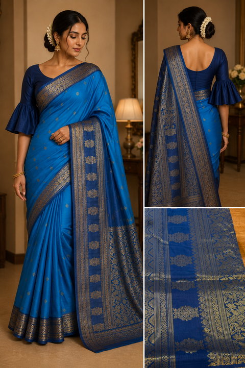 Premium Art Silk Saree Featuring Elegant Zari Weaving, Saree Comes With An Attached Blouse Piece. Model Blouse Is For Reference Only. Slight Variation In Colour And Design May Occur