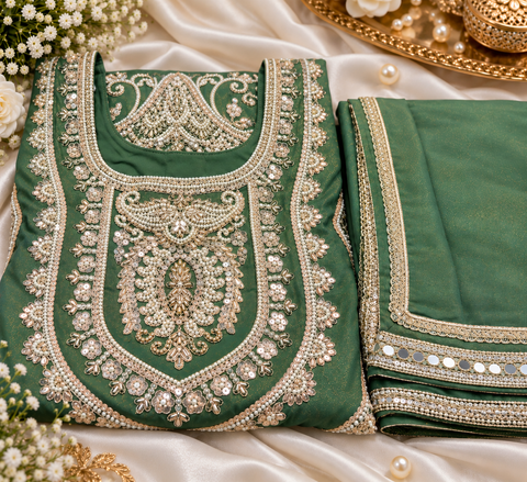 soft Georgette Silk outfit featuring exquisite handwork embroidery all over the kameez, matching loose circular palazzo with handwork detailing, and a beautiful golden-bordered dupatta.Slight variation in colour and design is possible